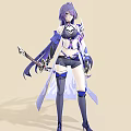 Game And Movie Character With Purple Long Hair Black Purple Outfit Holding Sword And Cloak