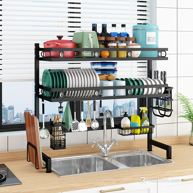 Black Metal Kitchen Shelf With Multi Layer Storage For Dishes Bowls And Condiments 3d model 