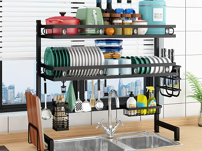 Black Metal Kitchen Shelf With Multi Layer Storage For Dishes Bowls And Condiments 3d model