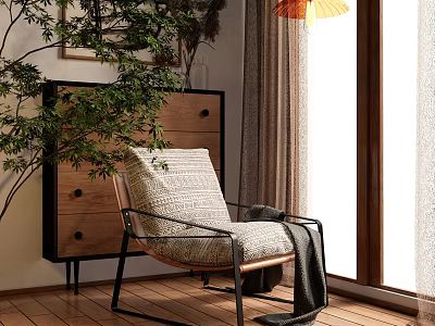 Modern Armchair With Linen Cushion Metal Frame By Window Side Wooden Cabinet And Green Plants 3d model