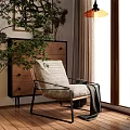Modern Armchair With Linen Cushion Metal Frame By Window Side Wooden Cabinet And Green Plants