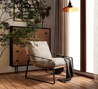 Modern Armchair With Linen Cushion Metal Frame By Window Side Wooden Cabinet And Green Plants 3d model