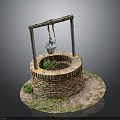 Traditional Brick Well Structure With Wooden Frame Hanging Water Bucket And Green Plants