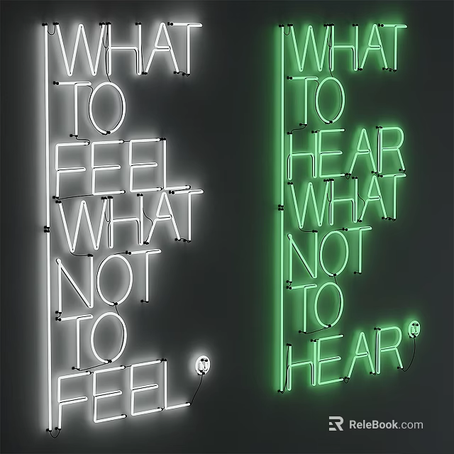 White And Green Neon Signs Displaying Feel And Hear Text Messages 3d model 