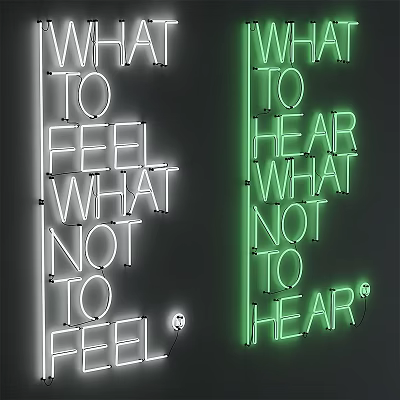 White And Green Neon Signs Displaying Feel And Hear Text Messages 3d model