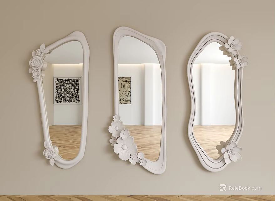 White Framed Floral Decor Wall Mirrors Reflecting Room Interior With Wooden Floor 3d model 