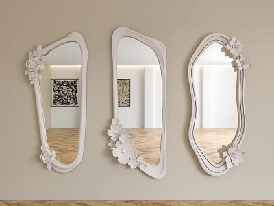 White Framed Floral Decor Wall Mirrors Reflecting Room Interior With Wooden Floor 3d model