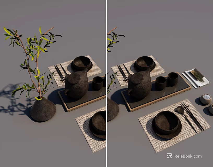 Traditional Black Ceramic Tea Set On Mat Tray With Olive Branch Decoration 3d model 