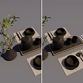 Traditional Black Ceramic Tea Set On Mat Tray With Olive Branch Decoration