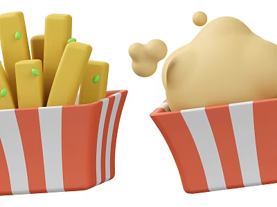Crispy French Fries And Golden Fried Chicken Nuggets In Red White Striped Cartons 3d model