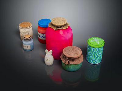 Kitchen Storage Furniture Colorful Glass Jars With Burlap Lids And Rabbit Decor 3d model