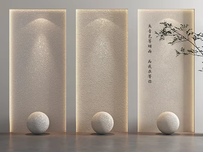 Decorative Textured Background Wall with Lighting Stone Spheres Calligraphy and Tree Branch 3d model