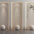 Decorative Textured Background Wall with Lighting Stone Spheres Calligraphy and Tree Branch 3d model