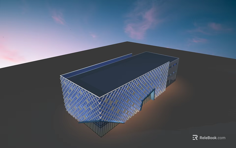 Modern Museum Building Exterior With Diamond Patterned Glass Facade And Flat Roof Under Evening Clouds 3d model 