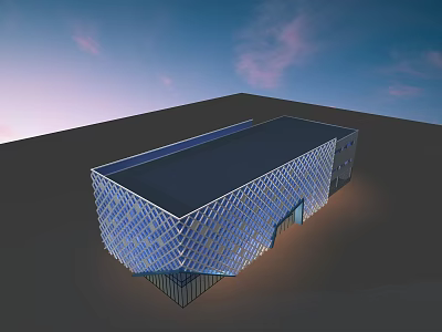 Modern Museum Building Exterior With Diamond Patterned Glass Facade And Flat Roof Under Evening Clouds 3d model