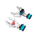 Two Industrial Mechanical Arms With Blue Red Components And Metal Gripping Mechanisms
