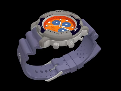 Sporty Watch With Purple Perforated Rubber Strap And Orange Chronograph Dial 3d model