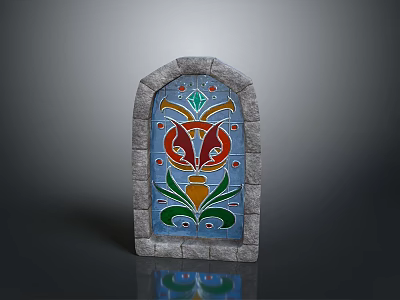 Architectural Arched Stone Framed Stained Glass With Decorative Fox Pattern Design 3d model