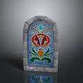 Architectural Arched Stone Framed Stained Glass With Decorative Fox Pattern Design