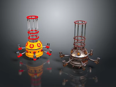 Industrial Landscape With Two Mechanical Devices Yellow Silver Red Rings Metallic Parts Dark Background 3d model