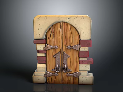 Rustic Arched Wooden Door Featuring Stone Frame And Ornate Metal Hinges Design 3d model