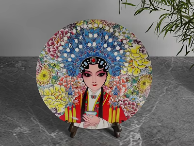Round Decorative Ornament Set with Peking Opera Mask Floral Design on Marble and Green Plant 3d model