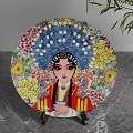 Round Decorative Ornament Set with Peking Opera Mask Floral Design on Marble and Green Plant