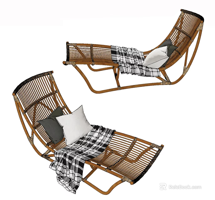 Rattan Lounge Chairs With Plaid Blanket And Decorative Pillows For Home Comfort 3d model 