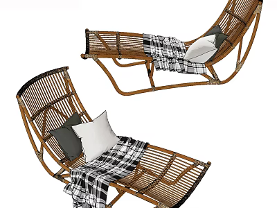 Rattan Lounge Chairs With Plaid Blanket And Decorative Pillows For Home Comfort 3d model