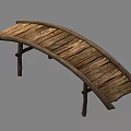 Rustic Wooden Arch Bridge Featuring Weathered Plank Slats and Sturdy Support Legs 3d model