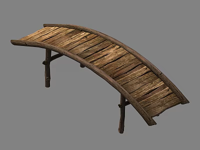 Rustic Wooden Arch Bridge Featuring Weathered Plank Slats and Sturdy Support Legs 3d model