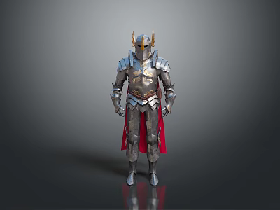 Mythical Knight Character Wearing Metallic Armor With Horned Helmet And Red Cape 3d model