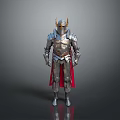 Mythical Knight Character Wearing Metallic Armor With Horned Helmet And Red Cape