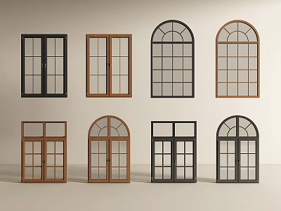 Casement Windows With Various Designs Black And Wooden Frames Square Arched Styles 3d model