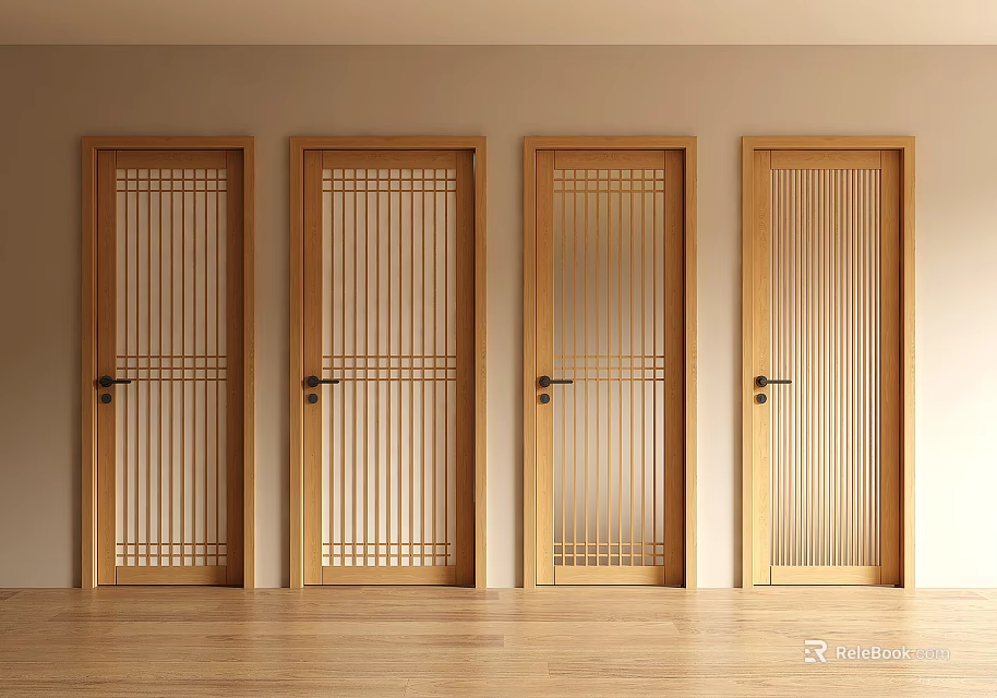 Wooden Swing Doors With Different Grid Patterns In Interior Design 3d model