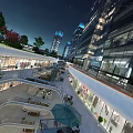 Modern Commercial Street Night View With Tall Buildings Illuminated Shops Green Plants And Lighting