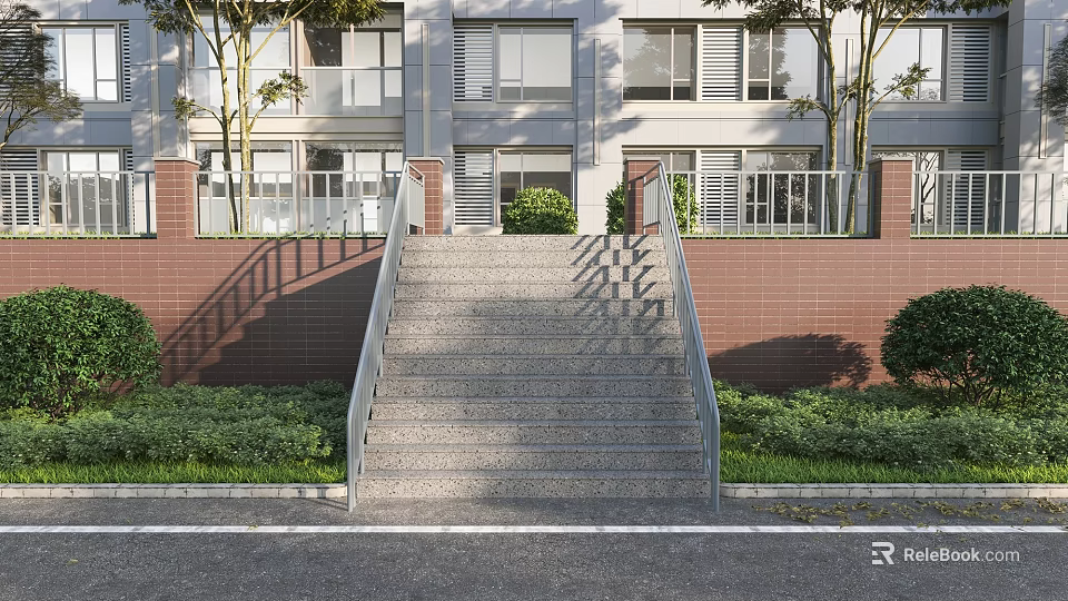 Modern Building Exterior Wall with Red Brick Surface Greenery and Glass Balcony Windows 3d model 