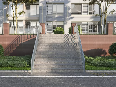 Modern Building Exterior Wall with Red Brick Surface Greenery and Glass Balcony Windows 3d model