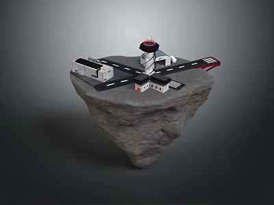 Floating Rock Platform With Airport Control Tower Runway And Small Buildings 3d model