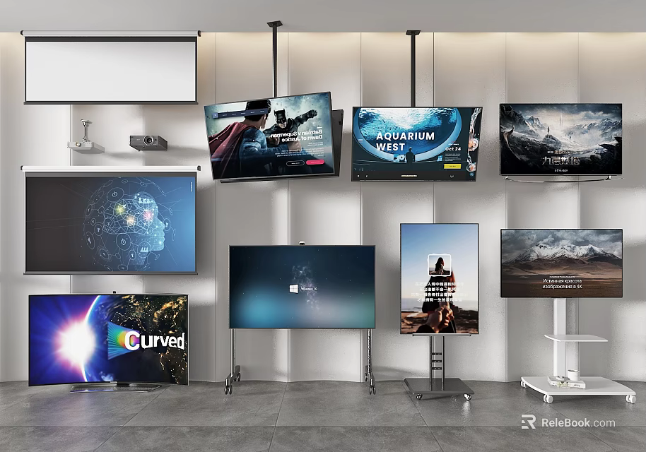 Wall Mounted And Floor Standing Televisions Featuring Curved Screens Scenic Landscapes And Digital Art 3d model 
