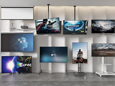 Wall Mounted And Floor Standing Televisions Featuring Curved Screens Scenic Landscapes And Digital Art 3d model