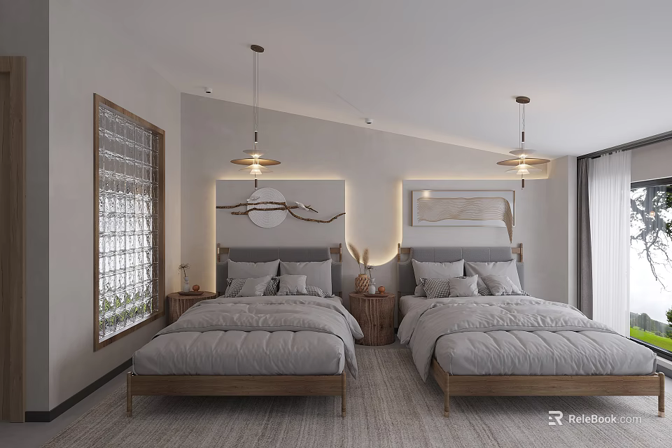 Modern Hotel Guest Room With Twin Gray Beds Wooden Headboards Soft Carpet And Pendant Lights 3d model 