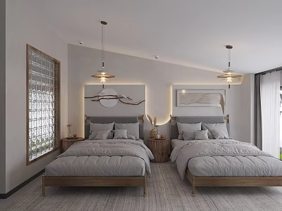 Modern Hotel Guest Room With Twin Gray Beds Wooden Headboards Soft Carpet And Pendant Lights 3d model