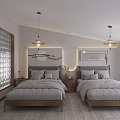 Modern Hotel Guest Room With Twin Gray Beds Wooden Headboards Soft Carpet And Pendant Lights