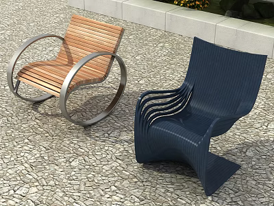 Modern Outdoor Chairs With Wooden Frame Metal Ring Base And Dark Blue Curved Design 3d model