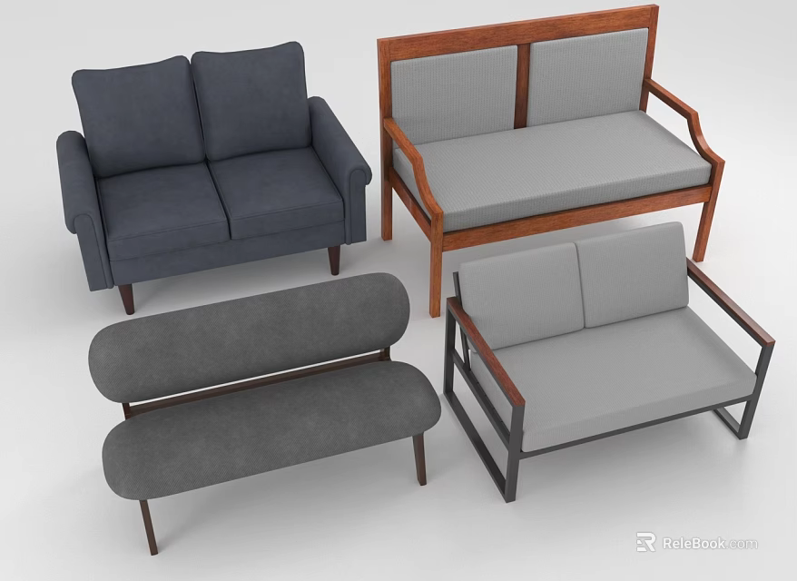 Gray Upholstered Sofas and Wooden Frame Benches in Various Styles for Multiple People 3d model 