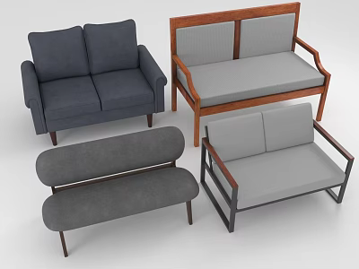 Gray Upholstered Sofas and Wooden Frame Benches in Various Styles for Multiple People 3d model