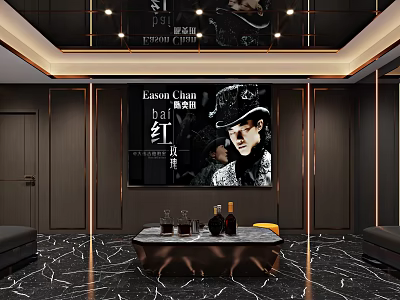 Modern Luxury Home Theater Room With Large Screen Eason Chan Poster Marble Floor And Sofa 3d model