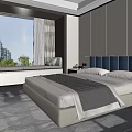 Modern Double Bed with Blue Upholstered Headboard White Bedding and Wooden Floor