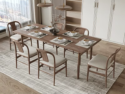 Modern Wooden Dining Table With 6 Chairs Set Soft Cushioned Seats Pendant Lights Dining Room 3d model